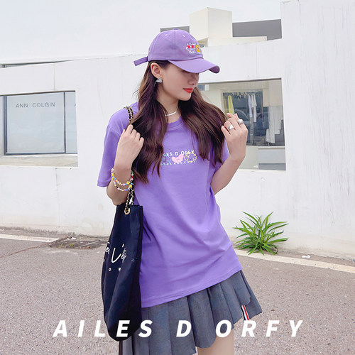 甜美可爱轻薄舒适紫短袖棉T恤棉