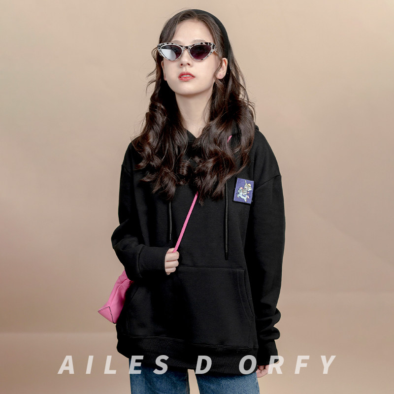 吴昕加绒连帽卫衣女黑色卡通小飞象orfila魔术贴宽松2020秋冬新款