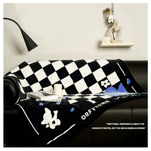 黑白棋盘格法兰绒毛毯四季通用