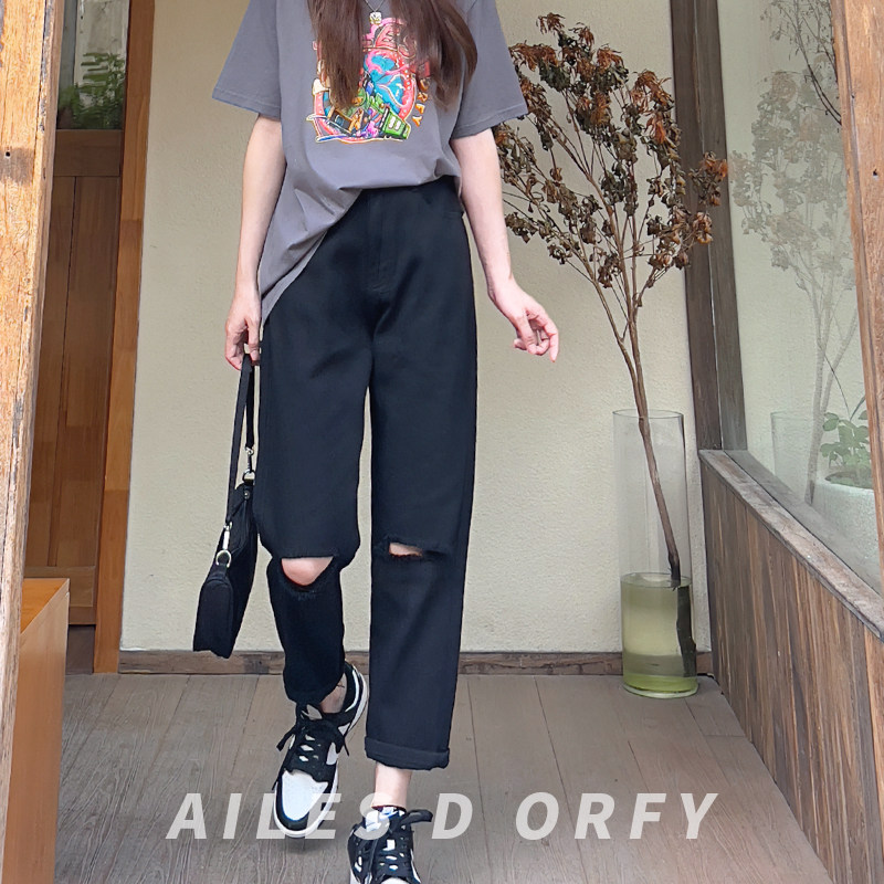 黑色破洞九分牛仔裤女23春夏季修身百搭潮ins显瘦通勤吴昕小飞象