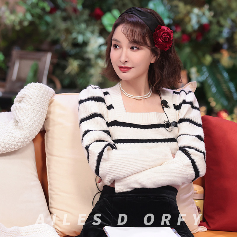 法式方领针织衫复古毛衣吴昕同款