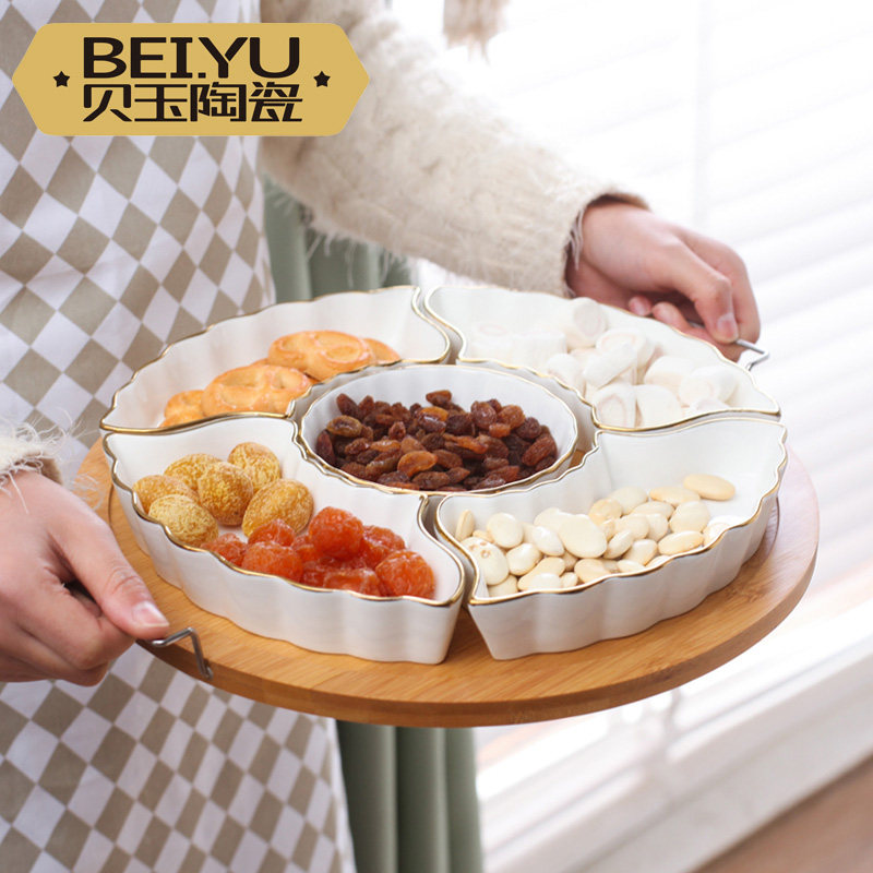 圆形欧式带盖水果盘陶瓷分格干果波纹线条点心瓜子坚果盒组合家用