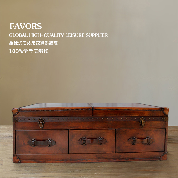 美式新古典复古做旧家具 头层牛皮不锈钢箱式茶几 咖啡桌打折