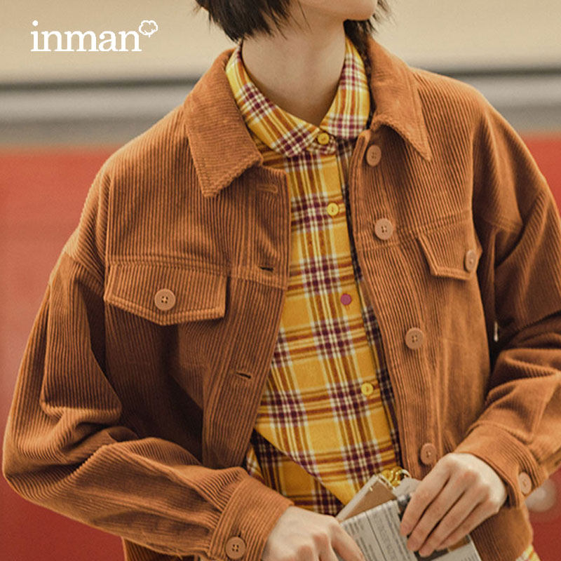 茵曼灯芯绒外套女短款2020年秋装新款翻领宽松复古工装帅气夹克潮
