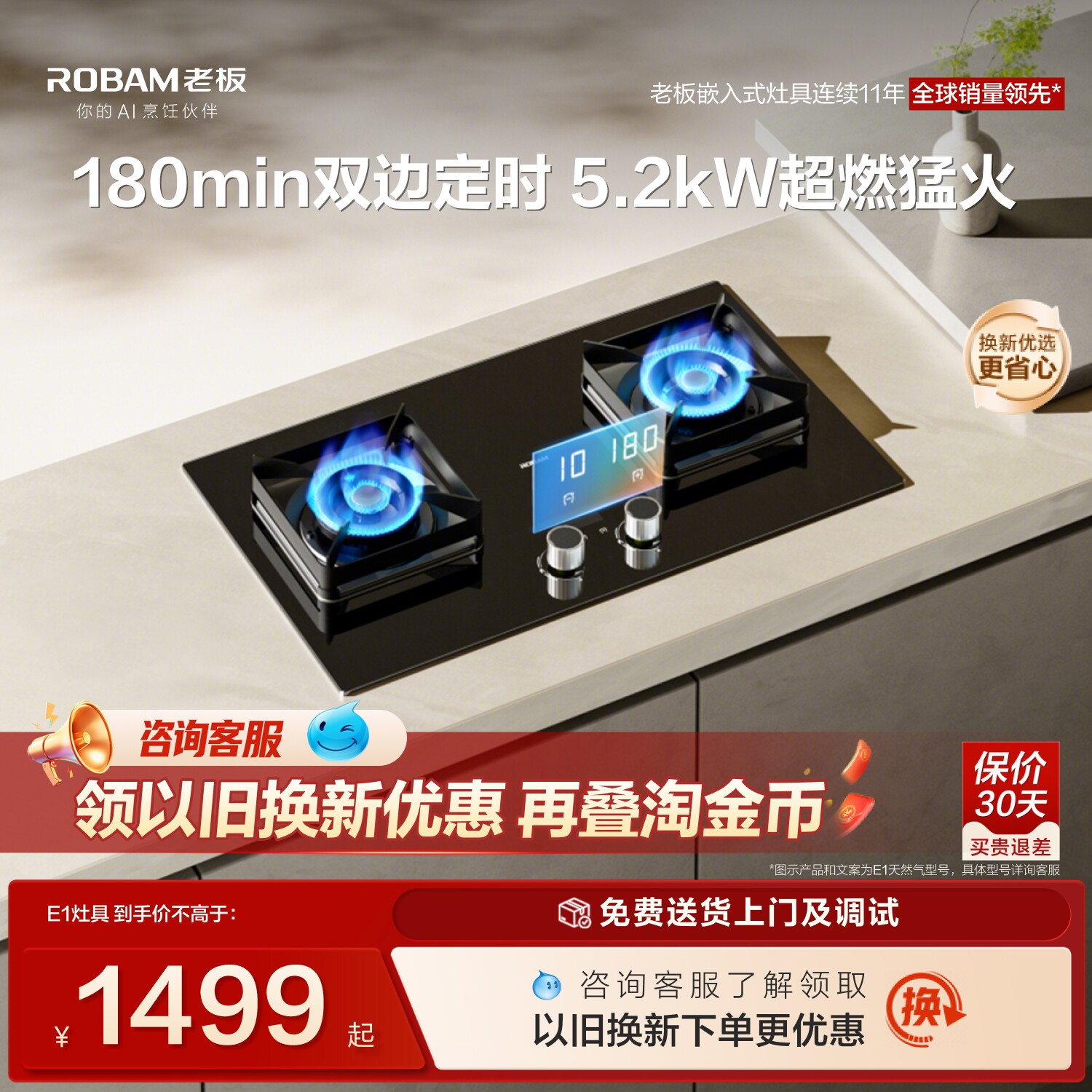 老板定时猛火小尺寸E1换新免改孔图片