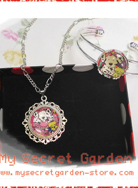 粉紅斑點狗卡通時光寶石項鏈