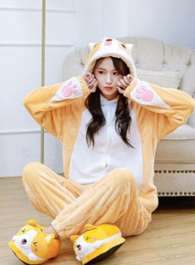 秋冬二次元周边柴犬法兰绒玻尿酸珊瑚绒情侣哈士奇连体睡衣家居服