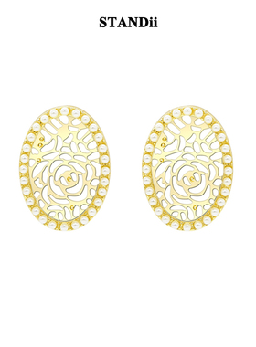 STANDii手作 镂空椭圆珍珠耳钉气质百搭复古时髦法式温柔耳饰