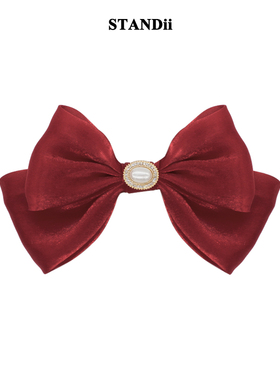 STANDii手作 复古红色大蝴蝶结发夹女发卡珍珠宫廷网红发饰品气质