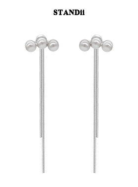 STANDii手作 气质设计感三颗灰珍珠流苏耳钉两种戴法