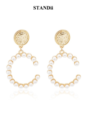 STANDii手作珍珠C耳钉ins复古耳环气质宫廷浮雕像硬币小香高级感