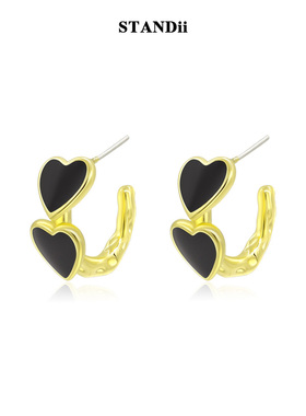 STANDii手作 黑色爱心耳圈甜酷暗黑桃心耳饰925银针女2023新款