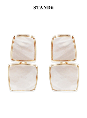 STANDii手作 方形贝壳耳钉 光泽几何贝壳耳饰气质法式复古新款