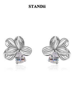 STANDii手作 金属冷淡风花瓣锆石耳钉高品质花朵饰品女精致