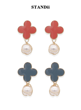 STANDii手作 双色花耳钉2019新款潮气质花朵百搭珍珠吊坠耳环