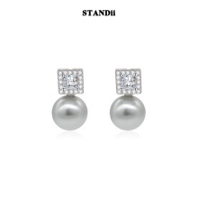 STANDii手作 高级大气方形灰珍珠耳钉质感法式时尚2024新款女