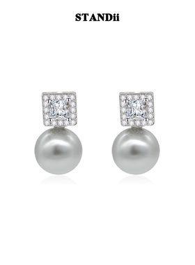 STANDii手作 高级大气方形灰珍珠耳钉质感法式时尚2024新款女