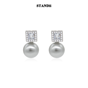 STANDii手作 高级大气方形灰珍珠耳钉质感法式时尚2024新款女