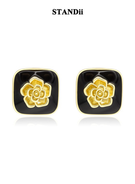 STANDii手作 黑骑士 复古印花耳钉黑色山茶花耳饰方形时髦中古