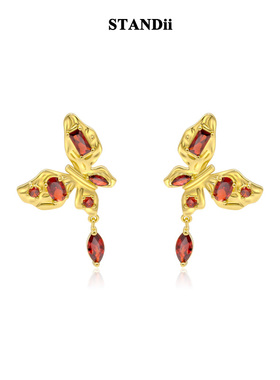 STANDii手作 复古蝴蝶红色锆石耳钉vintage时尚时髦法式质感