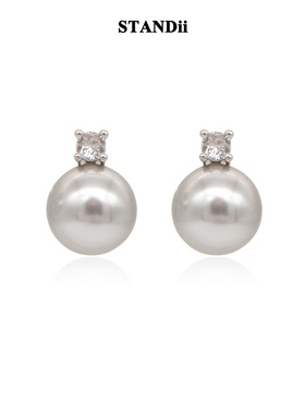 STANDii手作 灰珍珠耳钉方形小锆石简约欧美气质