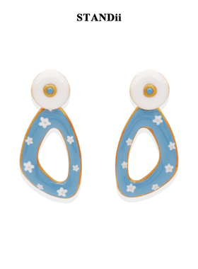 STANDii手作 原创设计星盘耳环蓝色花花手绘耳饰个性时髦