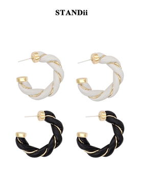 STANDii手作 时髦麻花耳圈女高级感耳饰黑白色经典