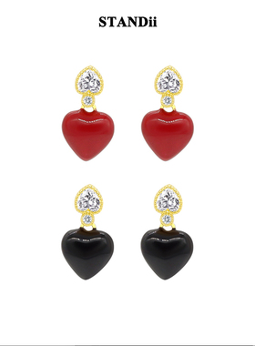 STANDii手作 双面爱心耳钉红色黑色桃心锆石百搭精致设计感耳环