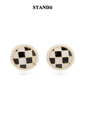 STANDii手作 圆形棋盘格耳钉法式珍珠黑白格纹2022新款女饰品