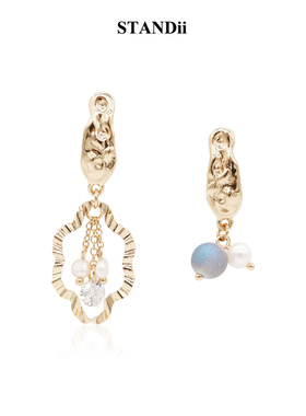 STANDii手作 不对称设计款金属耳环小众蓝石水晶新款潮耳饰
