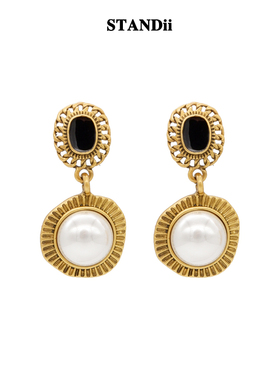 STANDii手作 复古做旧时髦珍珠巴洛克耳环法式百搭高级感耳饰