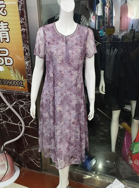 92605中老年妈妈印花修身裙子夏时尚薄款网纱裙中长款短袖连衣裙