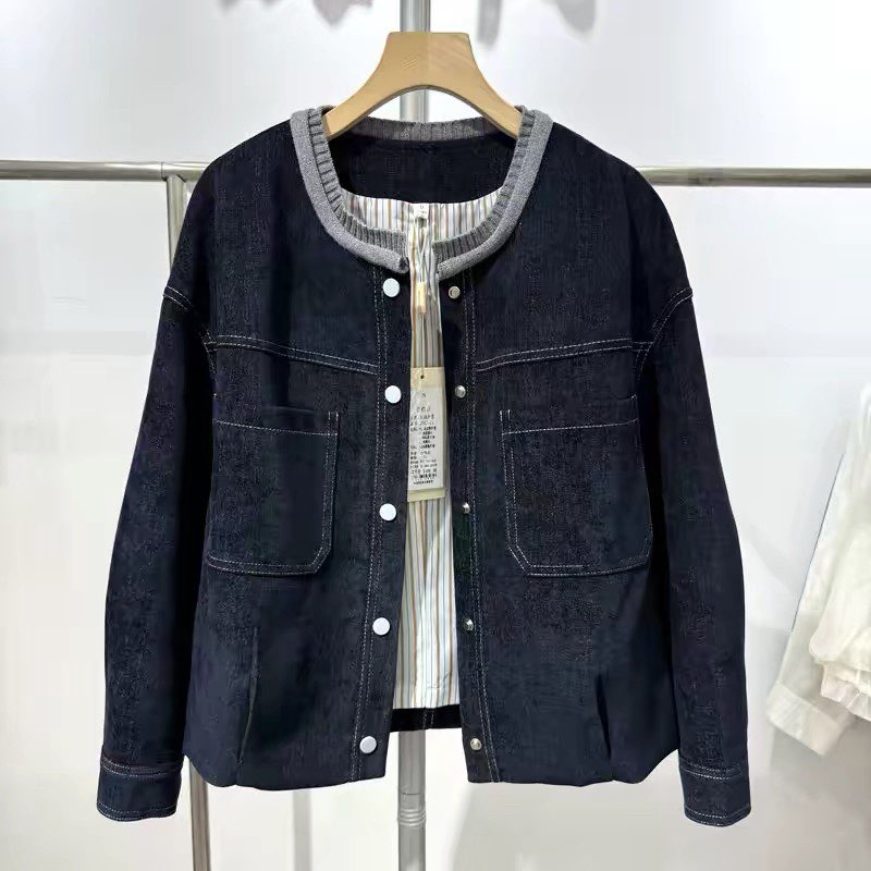 品牌26C011女2026秋季复古牛仔夹克针织圆领长袖宽松休闲短外套