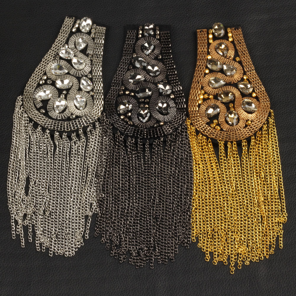 奢华时尚金属超长链条流苏肩章钉钻女装饰别针男士表演出服饰配件