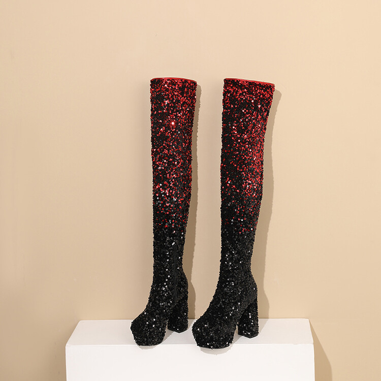 情趣变装大码过膝长靴12公分超高跟鞋恨天高粗跟防水台舞台演出DJ