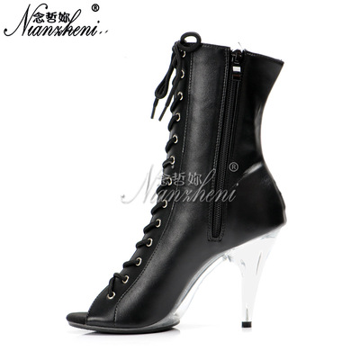 水晶细跟低筒短靴系带马丁靴恨天高10CM超高跟鞋性感车展模特走秀