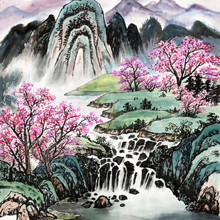 纯手绘国画四尺斗方无落款水墨山水画青山绿水 源远流长办公室画9