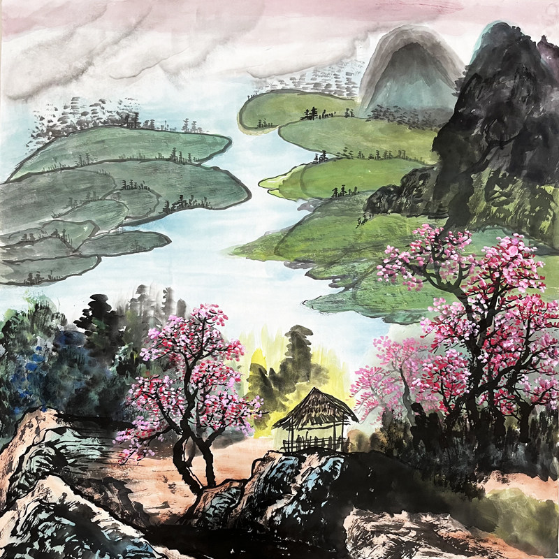 纯手绘国画四尺斗方无落款水墨山水画青山绿水 源远流长办公室画5