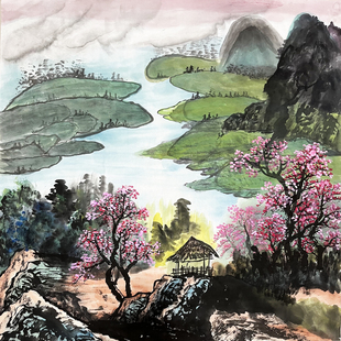 纯手绘国画四尺斗方无落款水墨山水画青山绿水 源远流长办公室画5