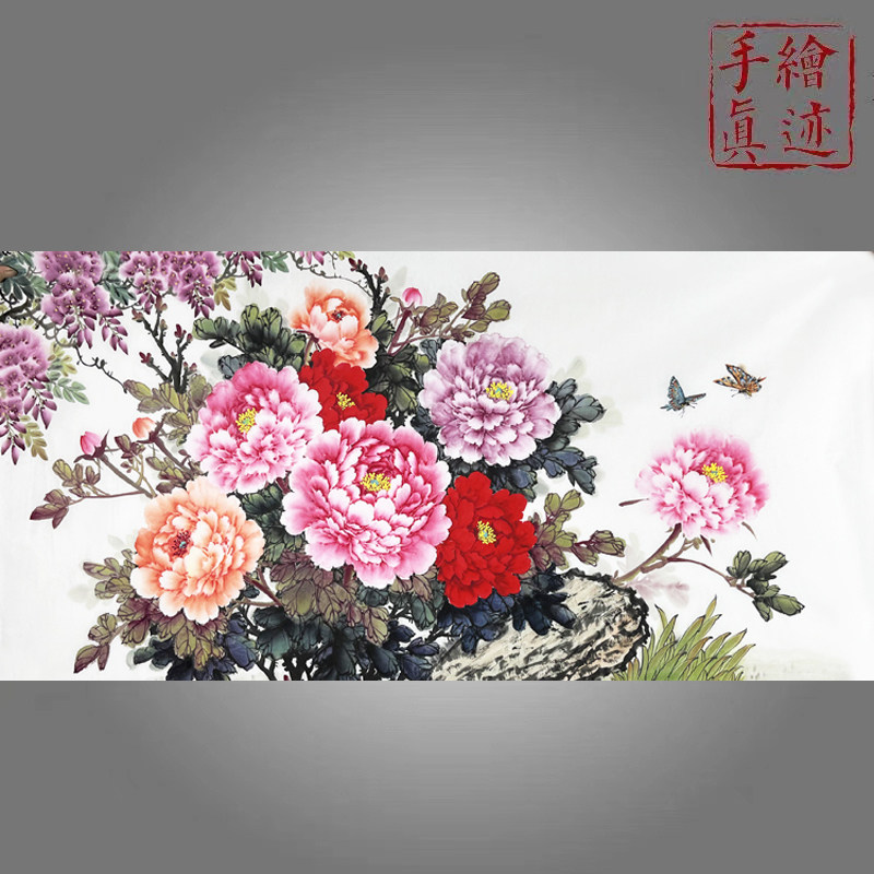 手绘真迹无落款四尺洛阳牡丹画国画花鸟画写意紫藤牡丹富贵图2625