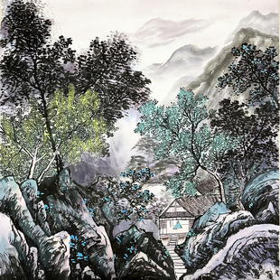 纯手绘国画四尺斗方无落款水墨山水画青山绿水 源远流长办公室画8