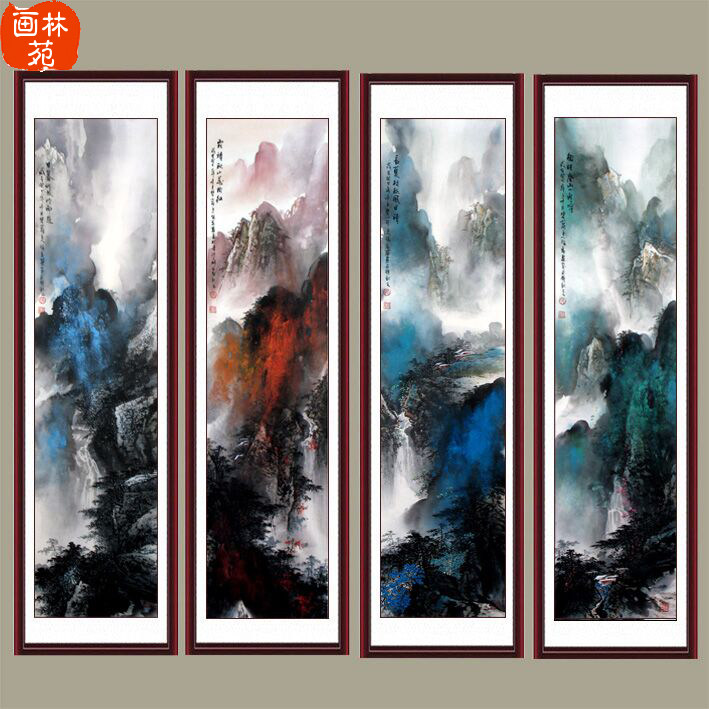 张春丽纯手绘国画真迹精品泼彩山水画条幅春夏秋冬四条屏保真收藏