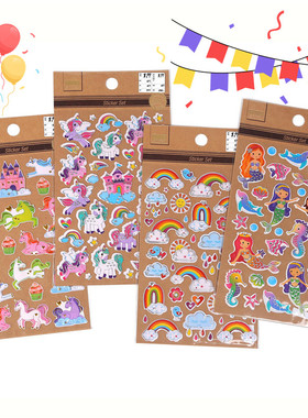 现货德国KIK美人鱼独角兽飞马彩虹儿童卡通立体不干胶奖品PVC贴纸