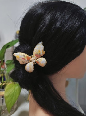 油画蝴蝶发夹黄色粉色桑蚕丝边夹浪漫发饰