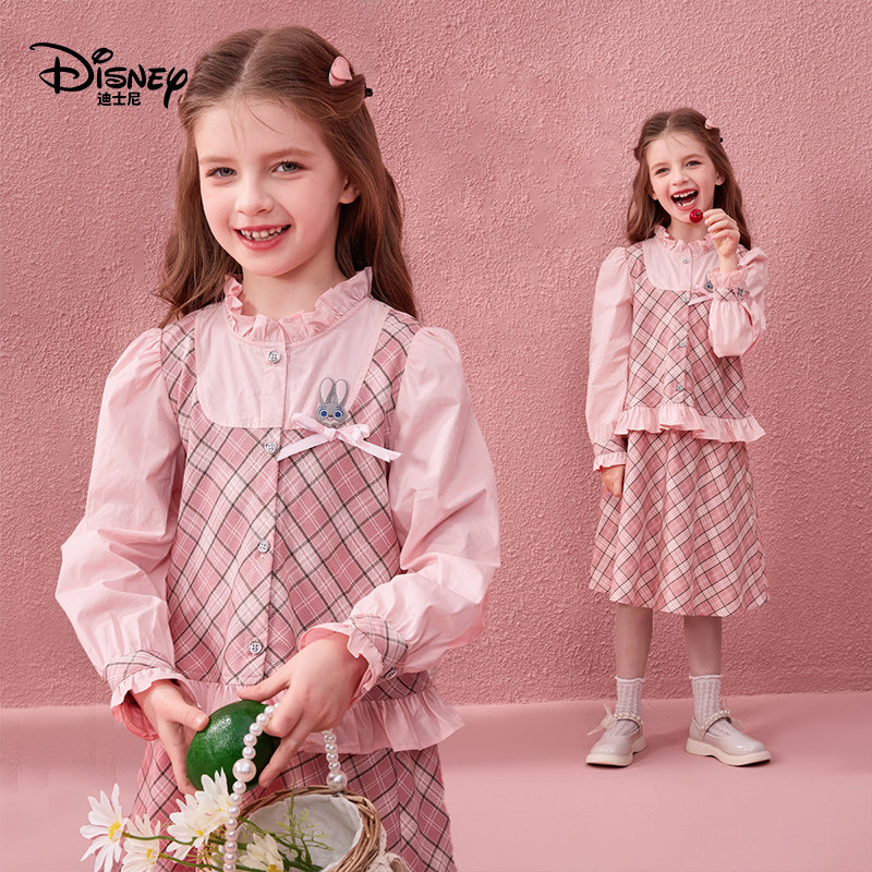 迪士尼童装女童套装2026春新款兔子警官衬衫格纹半身裙两件套儿童