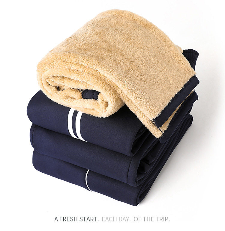 冬季加绒加厚校服裤子高中学生两条杠深蓝运动一杠白边初中校裤女