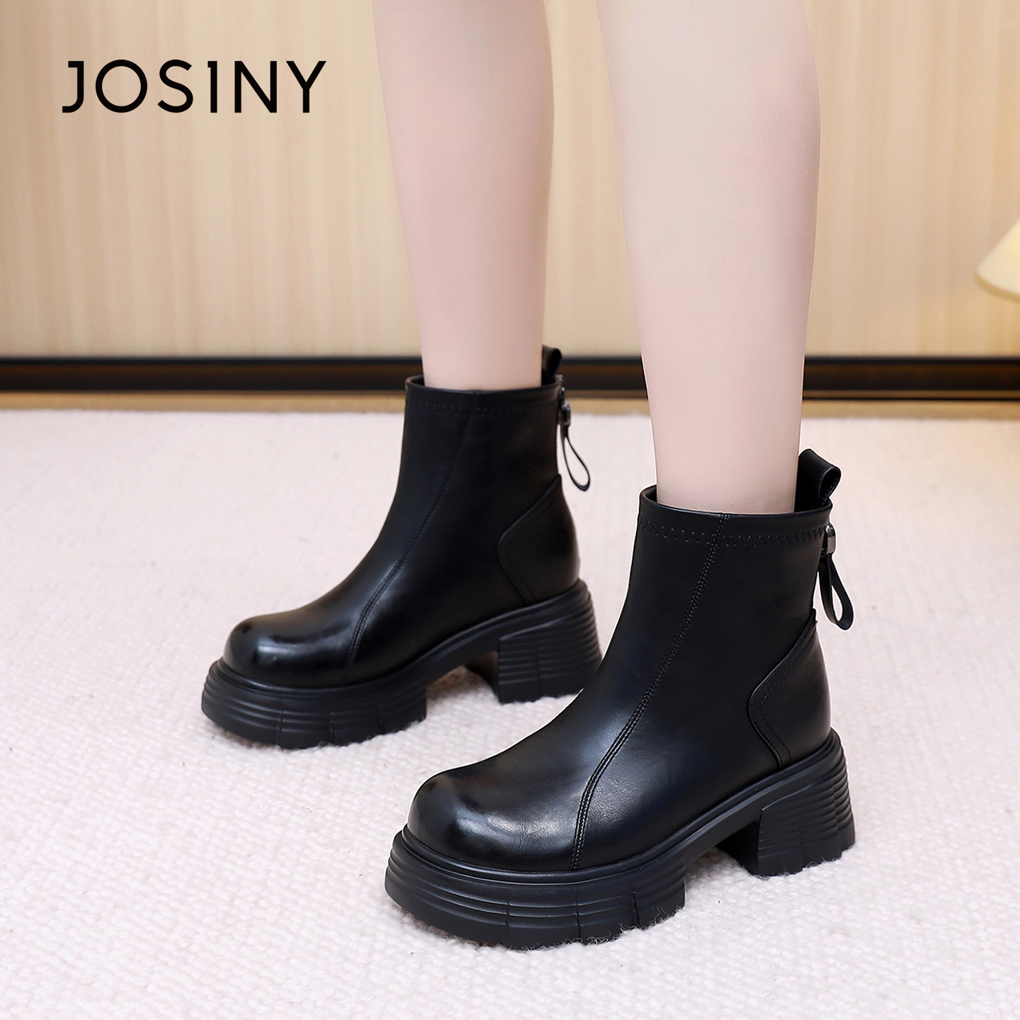 卓诗尼2025秋冬季新款厚底马丁靴时尚舒适后拉链短靴显瘦烟筒靴女