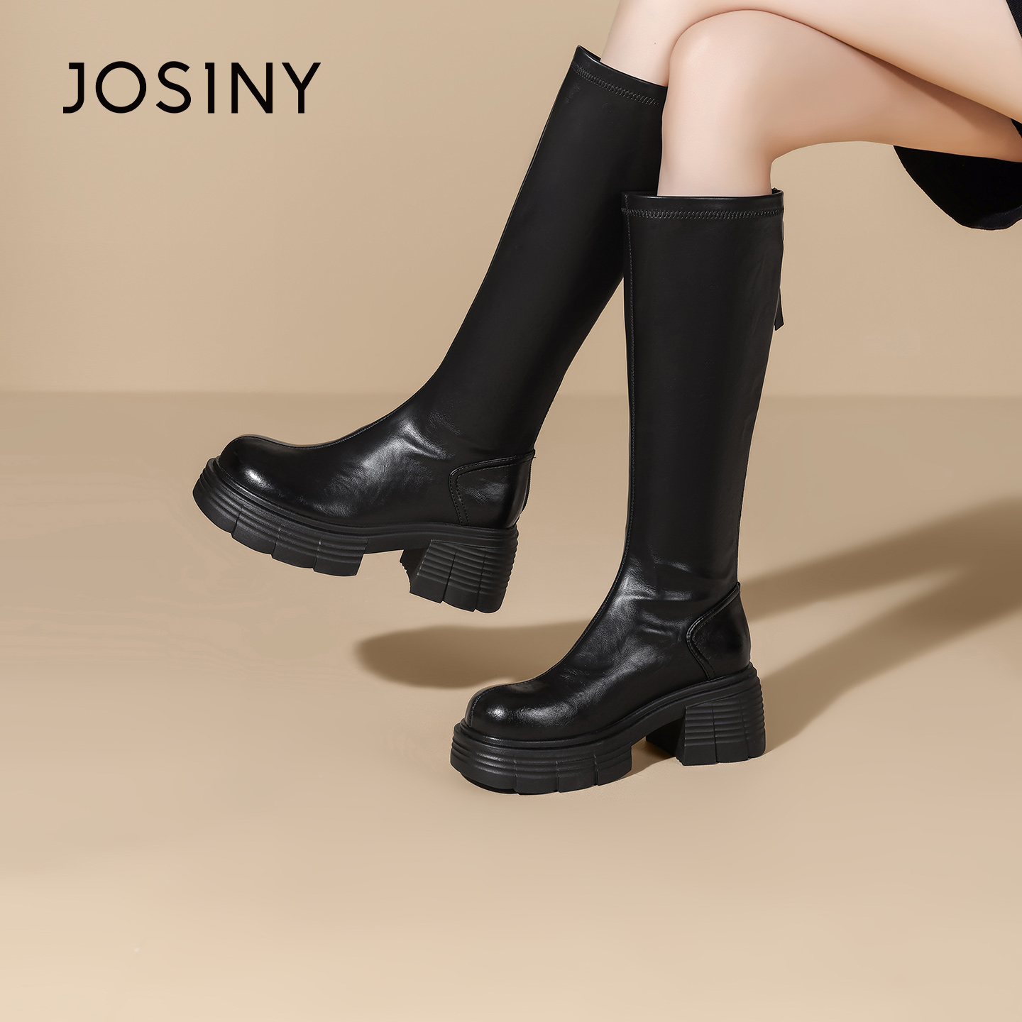 卓诗尼2025冬季新款粗跟长筒靴时尚舒适显瘦时装靴潮流气质骑士靴