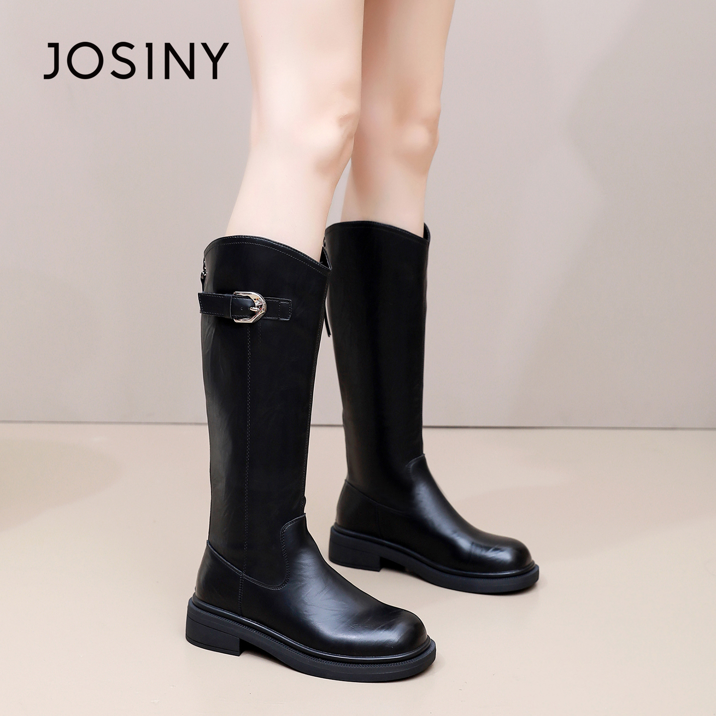 卓诗尼2025秋冬新款厚底骑士靴时尚舒适长筒靴潮流后拉链瘦瘦靴女
