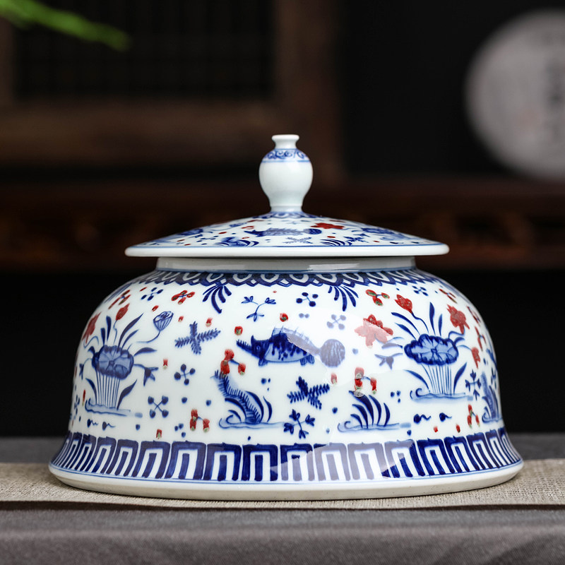 仿古陶瓷茶叶罐鱼藻纹全手工景德镇青花茶具存储散茶叶包装盒空罐
